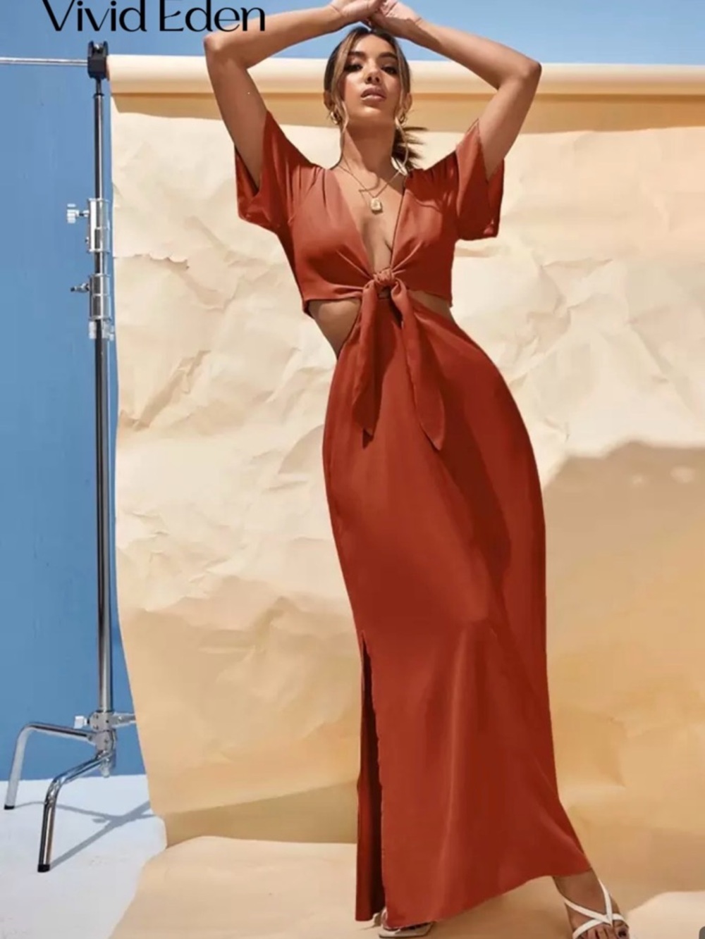 SHEIN Rust Tie-Front Maxi Dress